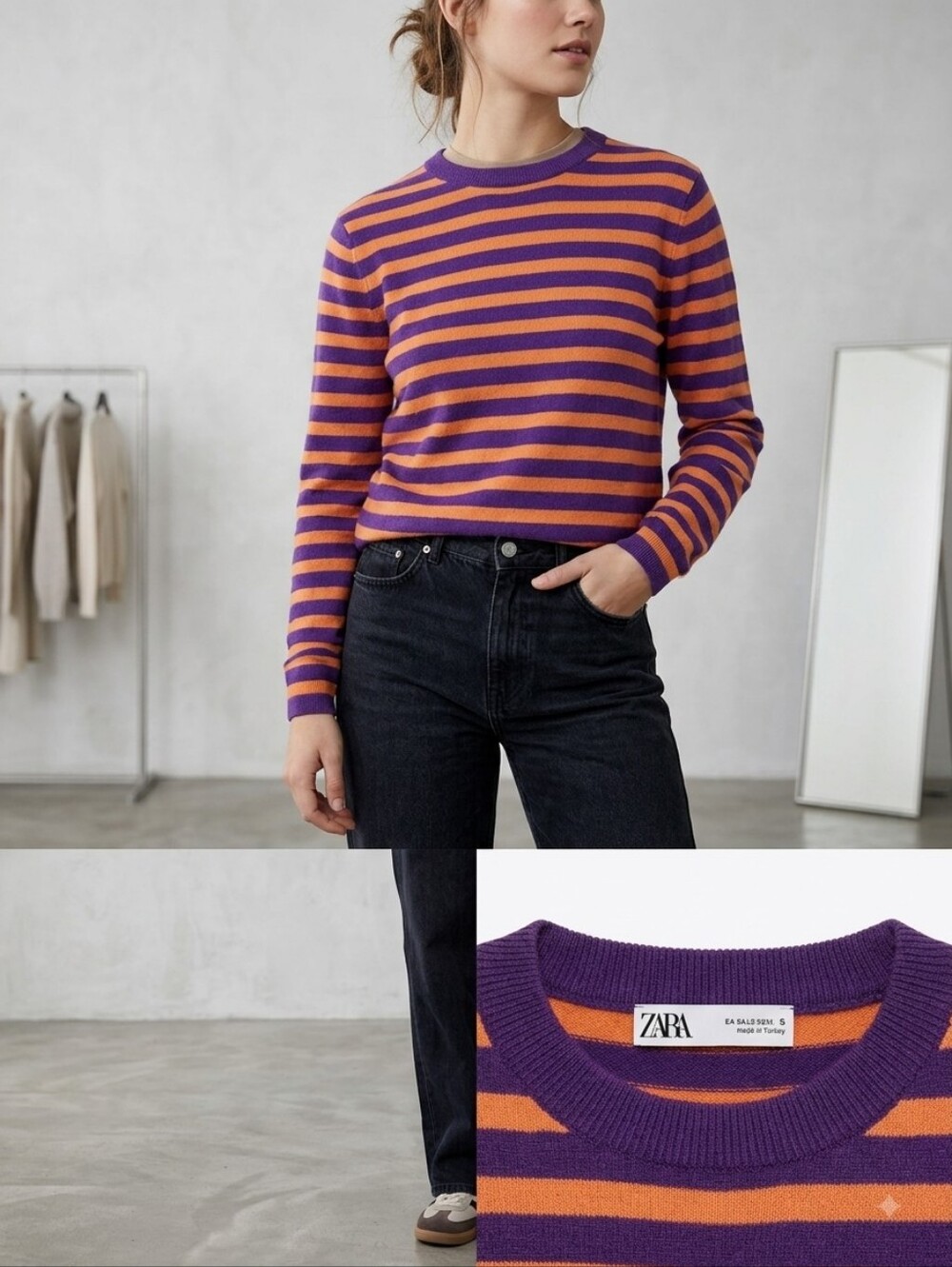 Zara Striped Crewneck Sweater in Purple and Orange Wool Blend Size S